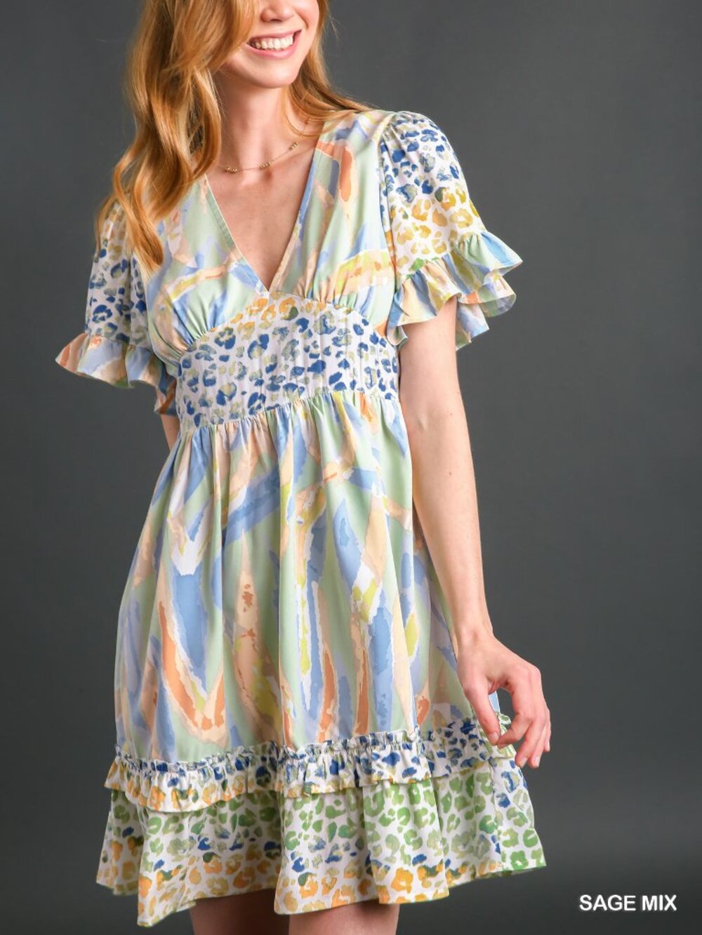Umgee Sage Mix Floral Print Ruffle Detail Flowy Dress